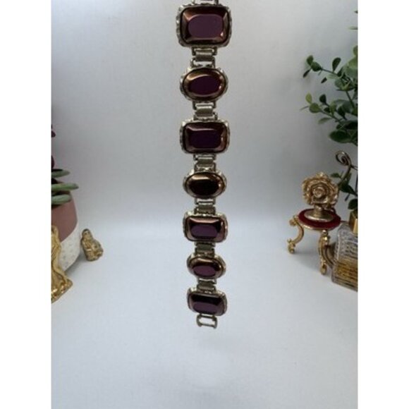 LIZ CLAIBORNE Signed LS Purple Glass Cabochons Two Gold Tone Wide Bracelet VTG - Picture 13 of 13